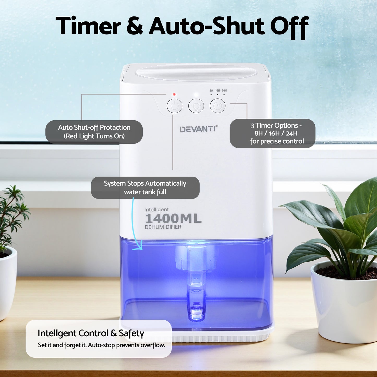Devanti 1400ML portable dehumidifier in white, featuring quiet sleep mode and auto-off for bedroom humidity control.