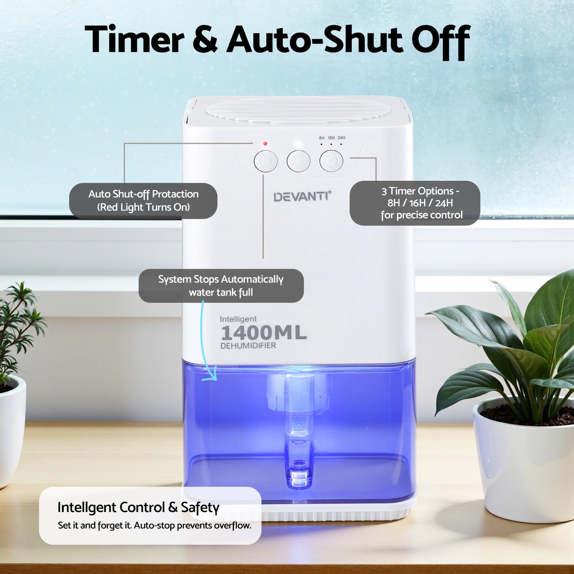Devanti 1400ML portable dehumidifier in white, featuring quiet sleep mode and auto-off for bedroom humidity control.