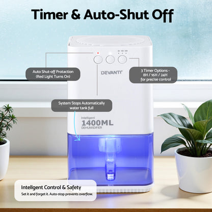 Devanti 1400ML portable dehumidifier in white, featuring quiet sleep mode and auto-off for bedroom humidity control.