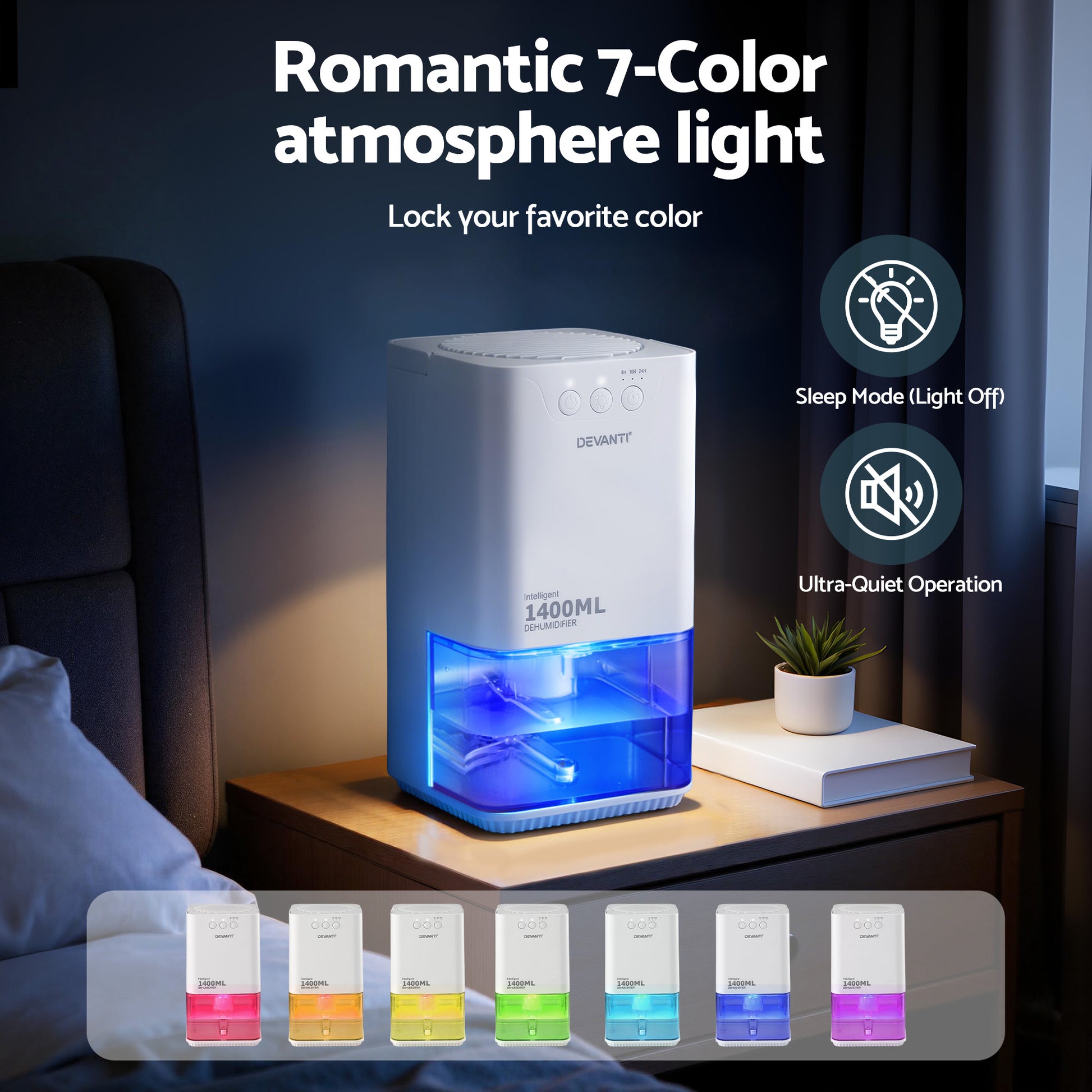 Devanti 1400ML portable white dehumidifier with sleep mode, timer, and auto off features for bedroom moisture control.