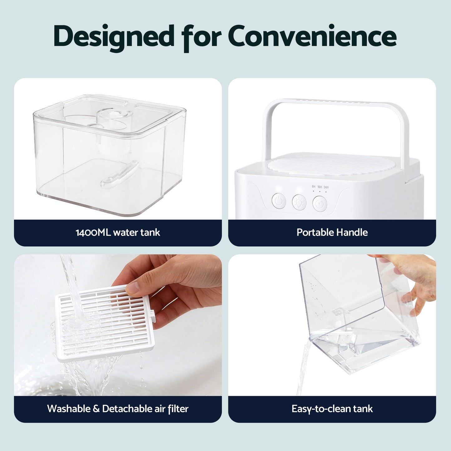 Devanti 1400ML portable dehumidifier in white with sleep mode, timer, and auto-off feature for bedroom moisture control.