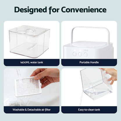 Devanti 1400ML portable dehumidifier in white with sleep mode, timer, and auto-off feature for bedroom moisture control.