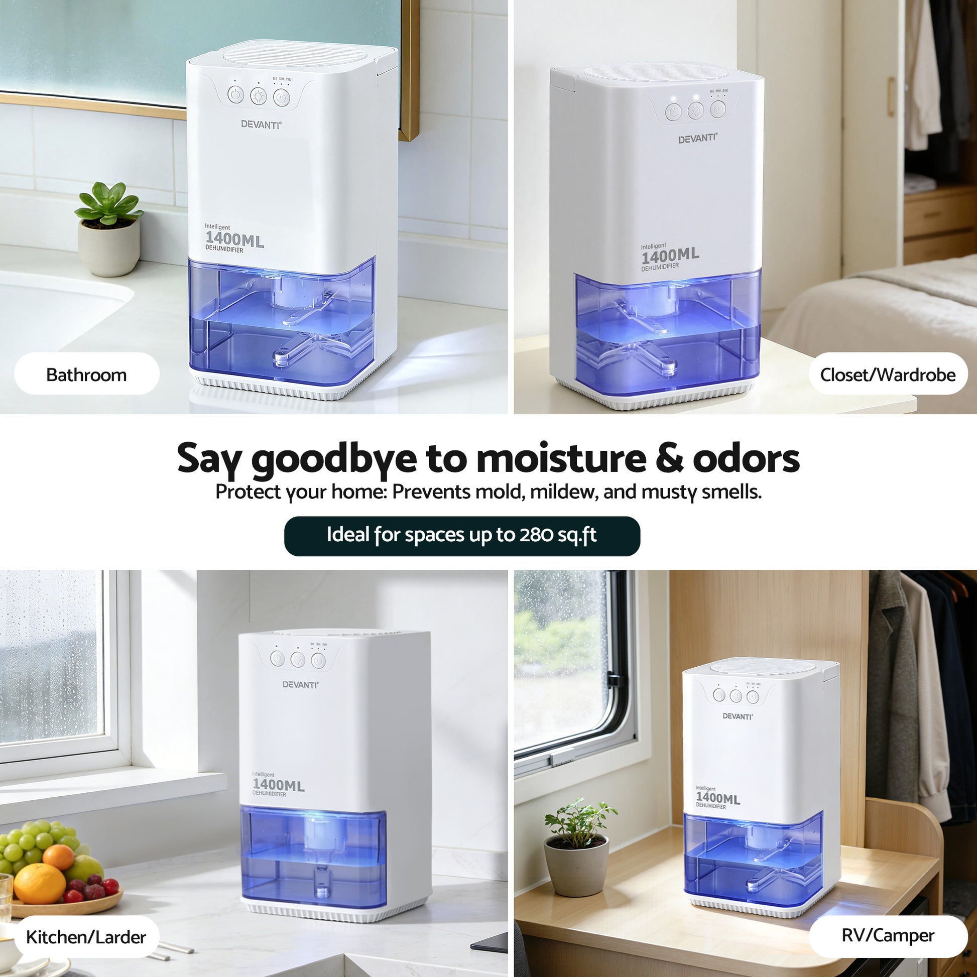 Devanti 1400ML portable dehumidifier in white with quiet sleep mode, timer, and auto-off for bedroom moisture control.