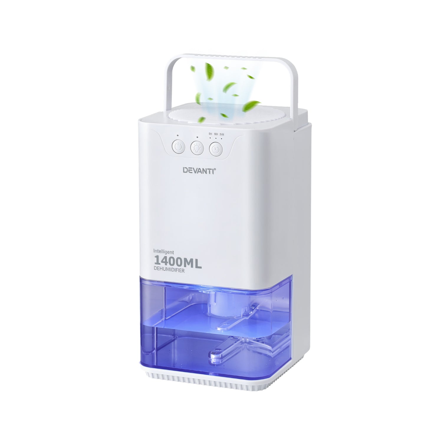 Devanti 1400ML portable dehumidifier in white with quiet sleep mode, timer, and auto-off, suitable for bedroom use.