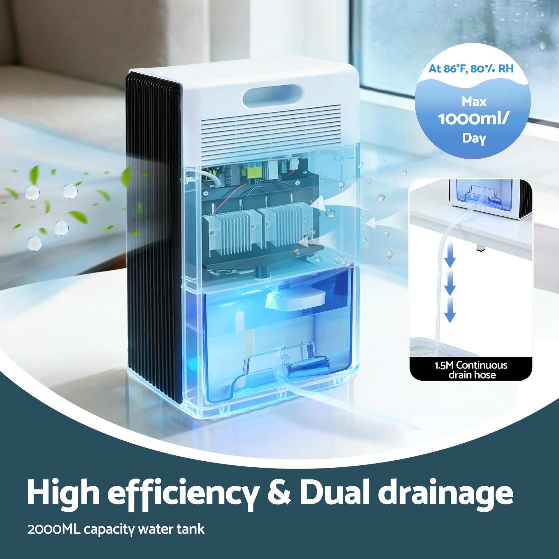 Hlpmedical DEVANTI 2000ml portable dehumidifier for home or bedroom, quiet moisture absorber with remote control.