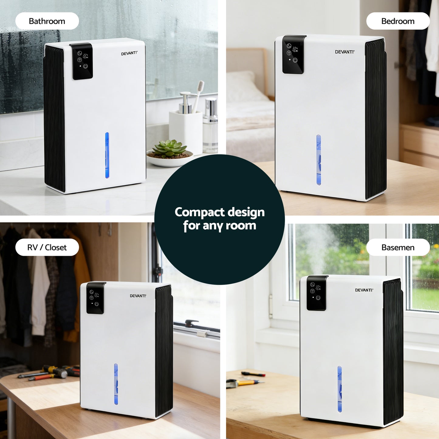 Hlpmedical DEVANTI 2000ml portable dehumidifier with remote for home and bedroom moisture absorption, quiet operation, and sleek design.