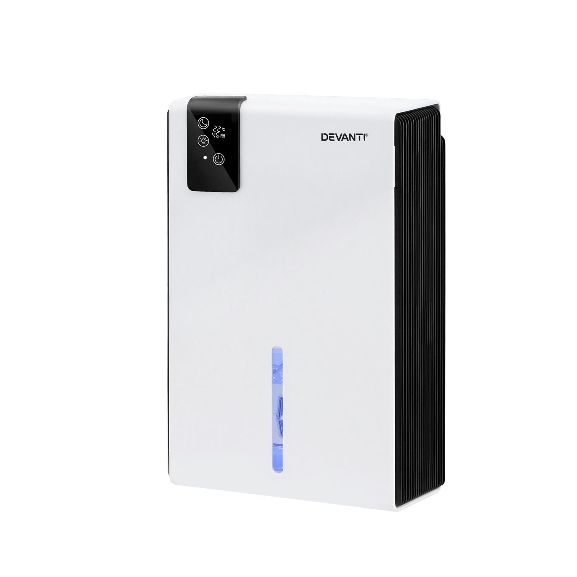 Devanti 2000ml portable dehumidifier by Hlpmedical for home use, quiet operation, moisture absorption, with remote in a bedroom setting.