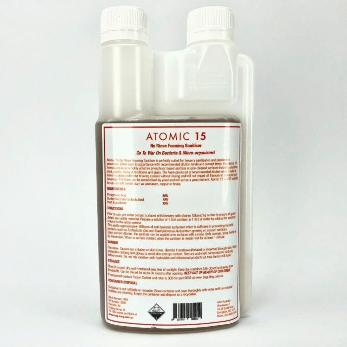 Hlpmedical Atomic 15 foaming sanitiser for no-rinse disinfecting, used in commercial distilling and brewing processes.