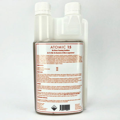 Hlpmedical Atomic 15 foaming sanitiser for no-rinse disinfecting, used in commercial distilling and brewing processes.