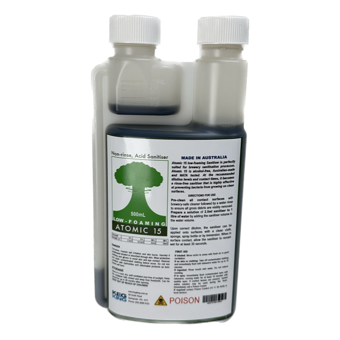Atomic 15 Low Foaming Sanitiser 500ml from Hlpmedical, suitable for commercial distilling and brewing environments.