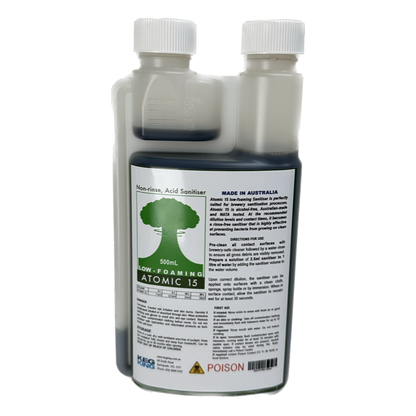 Atomic 15 Low Foaming Sanitiser 500ml from Hlpmedical, suitable for commercial distilling and brewing environments.