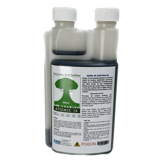 Atomic 15 Low Foaming Sanitiser 500ml from Hlpmedical, suitable for commercial distilling and brewing environments.