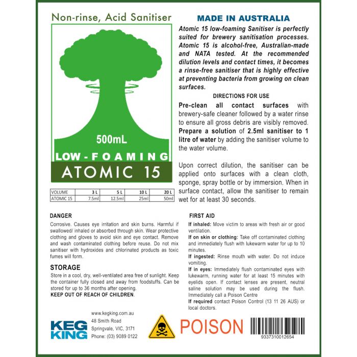 Hlpmedical Atomic 15 Low Foaming Sanitiser 500ml bottle for commercial distilling and brewing applications