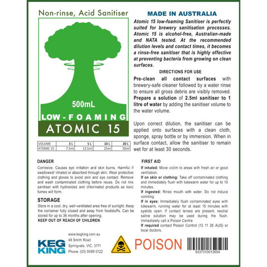 Hlpmedical Atomic 15 Low Foaming Sanitiser 500ml bottle for commercial distilling and brewing applications