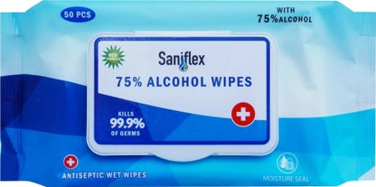 Carton of 42 Hlpmedical Saniflex 75% alcohol sanitary wipes pack of 50 shows disinfectant wipes in a carton for sanitizing surfaces.