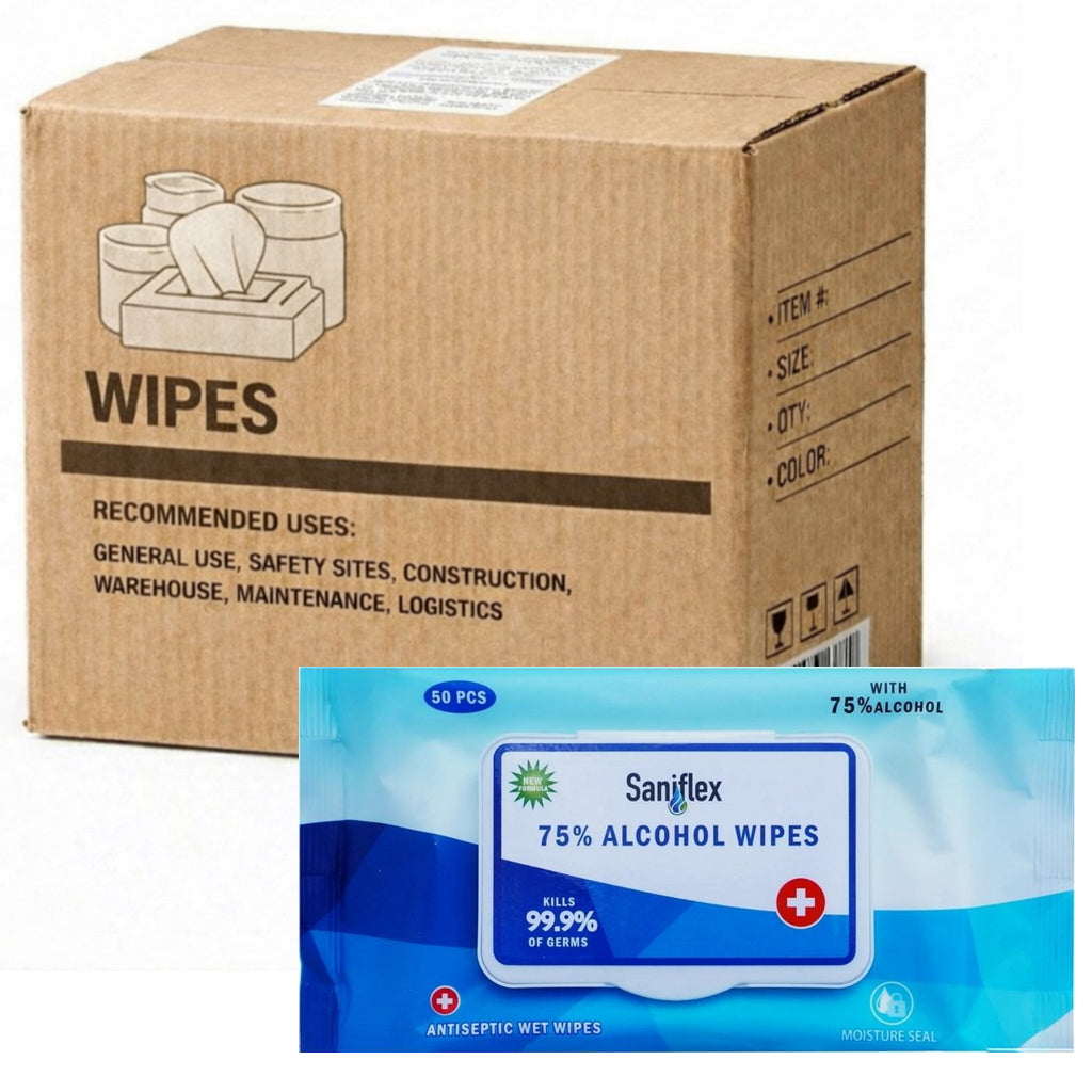 Carton of 42 Hlpmedical Saniflex 75% alcohol sanitary wipes, pack of 50, for hand and surface disinfection.