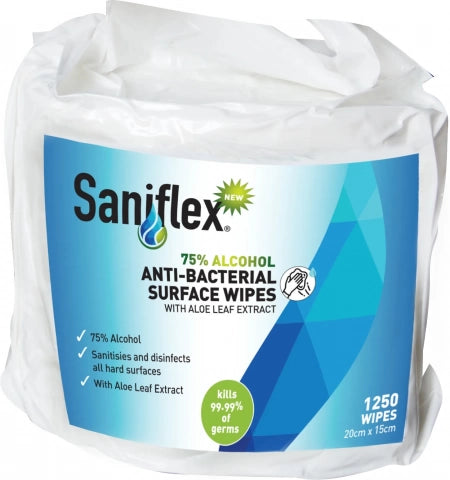 Hlpmedical Saniflex 75% alcohol antibacterial surface wipes in a large bag of 1250, ready for disinfecting surfaces.
