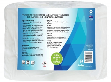 Hlpmedical Saniflex 75% alcohol antibacterial surface wipes bag of 1250, soft cloths for cleaning and disinfecting surfaces.