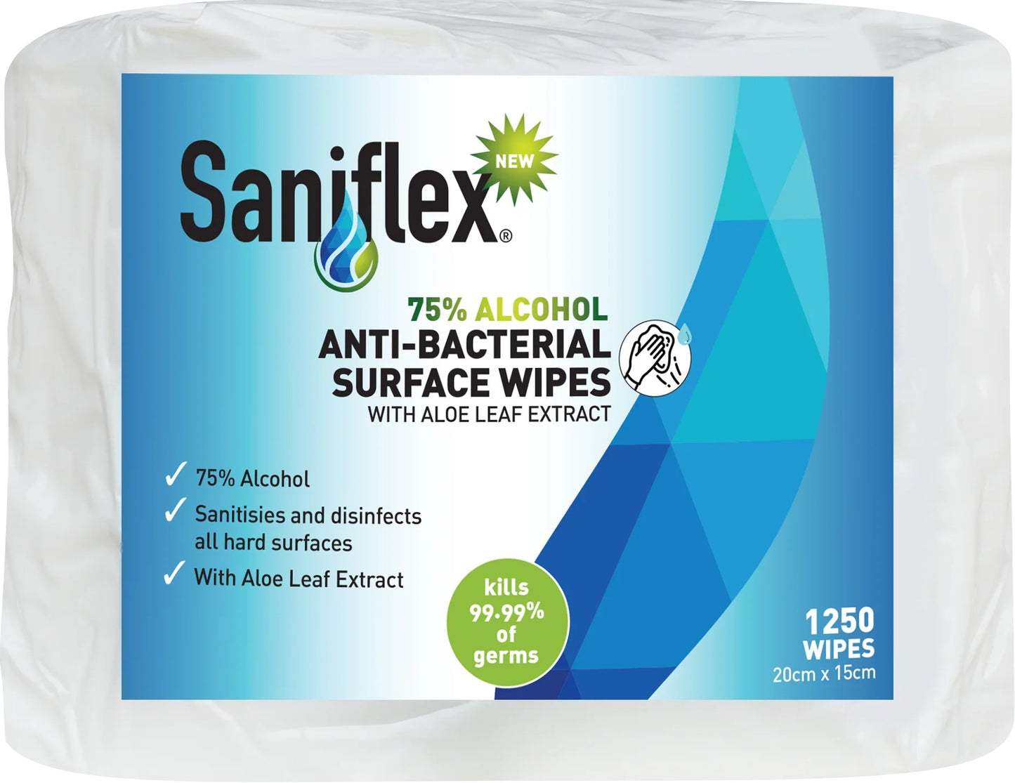 Hlpmedical Saniflex 75% alcohol antibacterial surface wipes in a large bag of 1250 for disinfecting surfaces.
