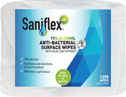 Hlpmedical Saniflex 75% alcohol antibacterial surface wipes in a large bag of 1250 for disinfecting surfaces.