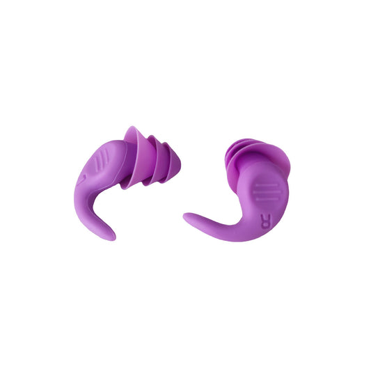 Purple Hlpmedical 5-pair set of ergonomic silicone earplugs for swimming and sleep, waterproof, reusable, noise-canceling in-ear earbuds.