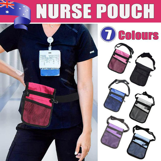 Light blue Hlpmedical nurse pouch waist bag with medical tools, organizer pocket, and keyring for easy access and secure storage.