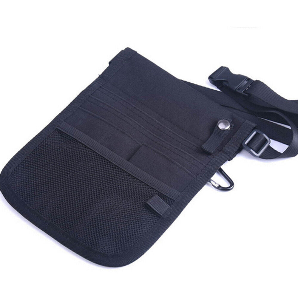 Light blue nurse pouch waist bag with multiple pockets and keyring, ideal for medical professionals' tool organization and easy access.