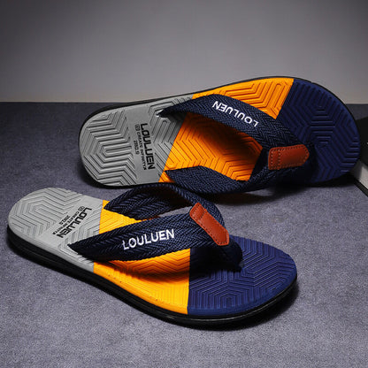 Blue men's flip flops with EVA-PVC dual sole, comfortable and stylish for summer beach or daily casual wear.