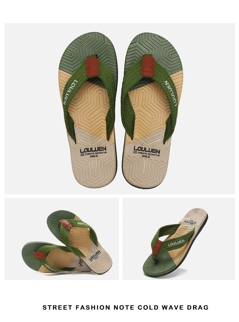Green men's flip flops with EVA-PVC dual sole, casual thong sandals for summer beach and daily wear, size 39.