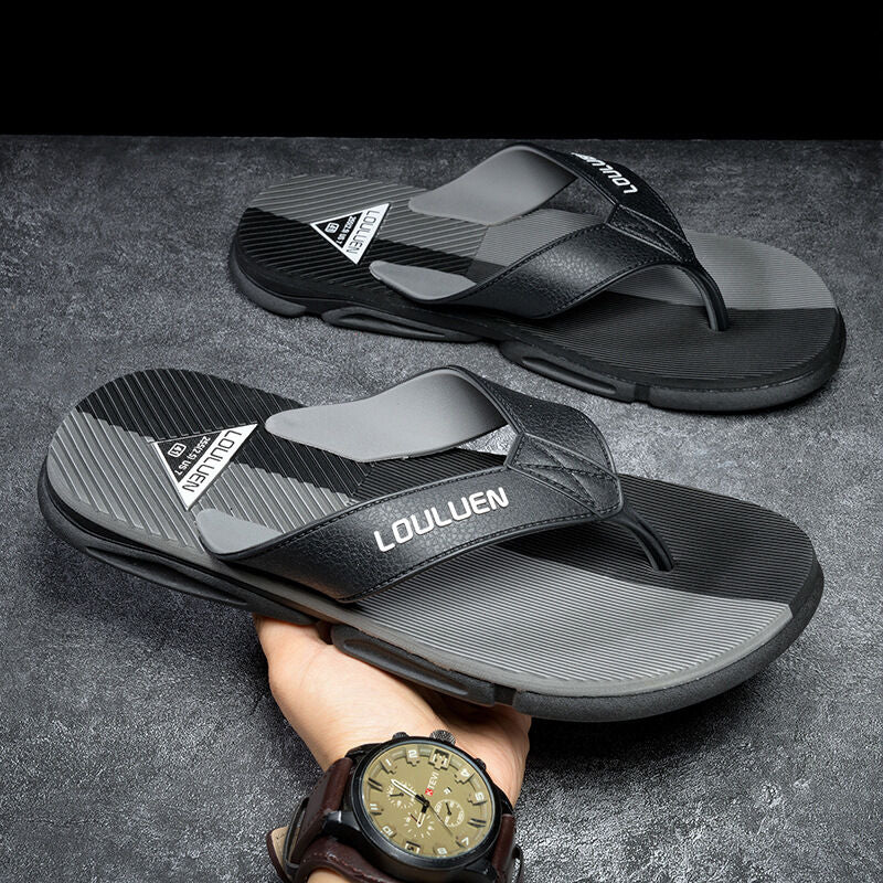 Men's grey flip flops with EVA-PVC dual sole, featuring a comfortable, slip-resistant design, ideal for casual wear.