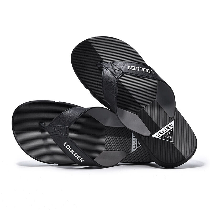 Men's grey flip flops with EVA-PVC dual sole, featuring comfortable, slip-resistant design and casual style.