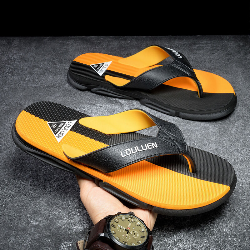 Orange men's flip flops with EVA-PVC dual sole, slip-resistant design, comfortable for casual wear, by Hlpmedical.