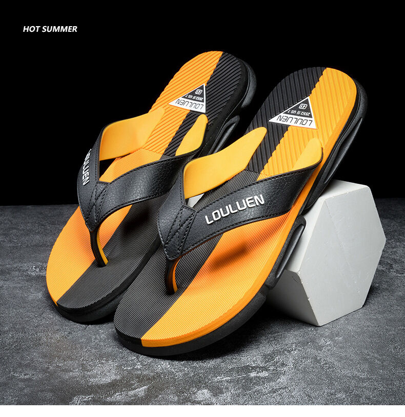 Orange men's flip flops with EVA-PVC dual sole, slip-resistant for comfort, featuring a casual thong sandal design.