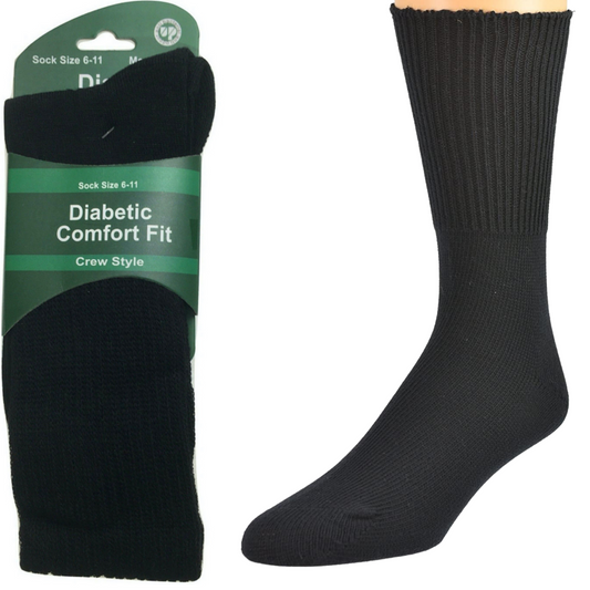 Black diabetic bamboo work socks for men with loose top, cushion sole, crew length, size 6-11, by Hlpmedical.