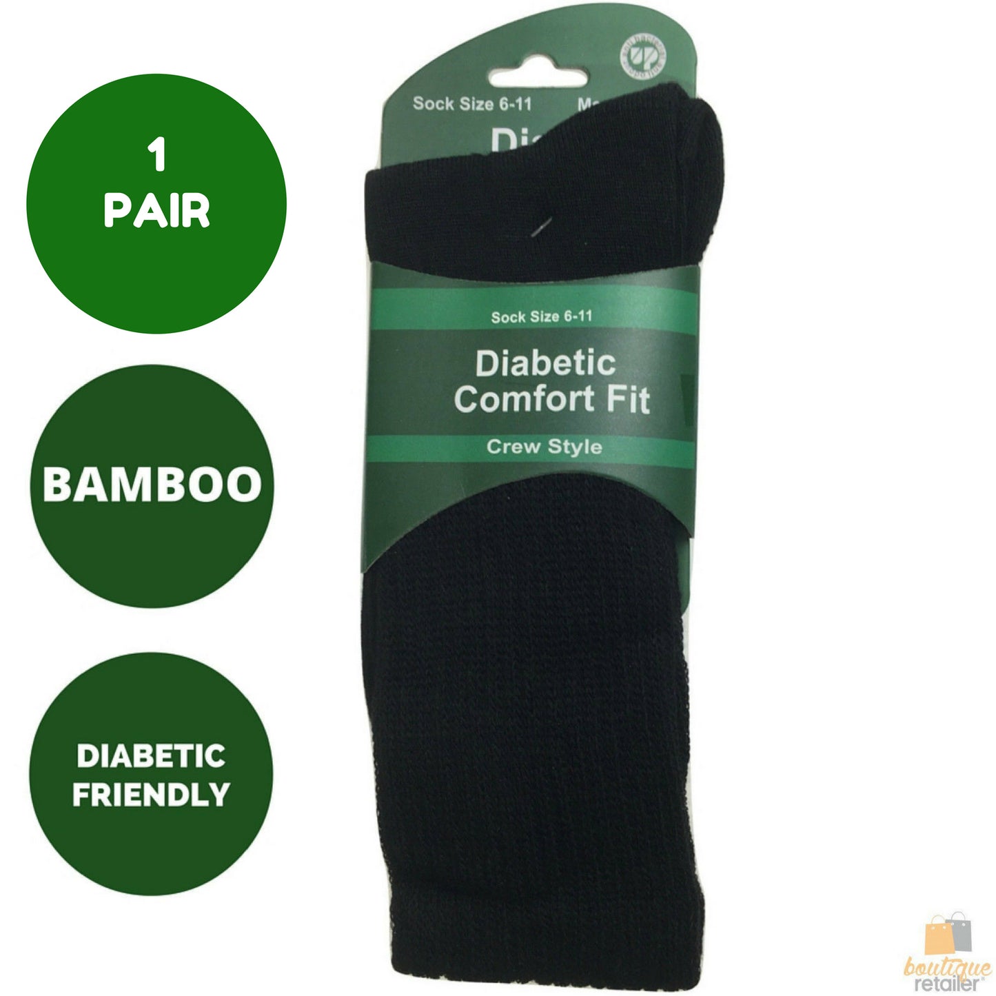 Black diabetic bamboo work socks for men with loose top crew cushion, size 6-11, designed for comfort and medical use.