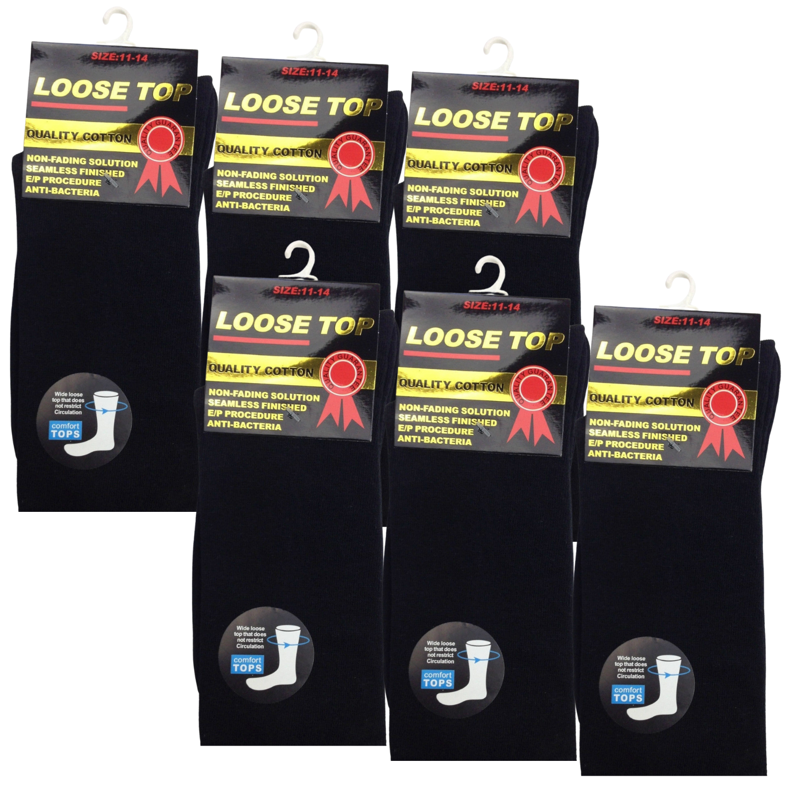 Six pairs of Hlpmedical cotton-rich men's loose top socks designed for dress, medical use, circulation, and diabetic comfort.