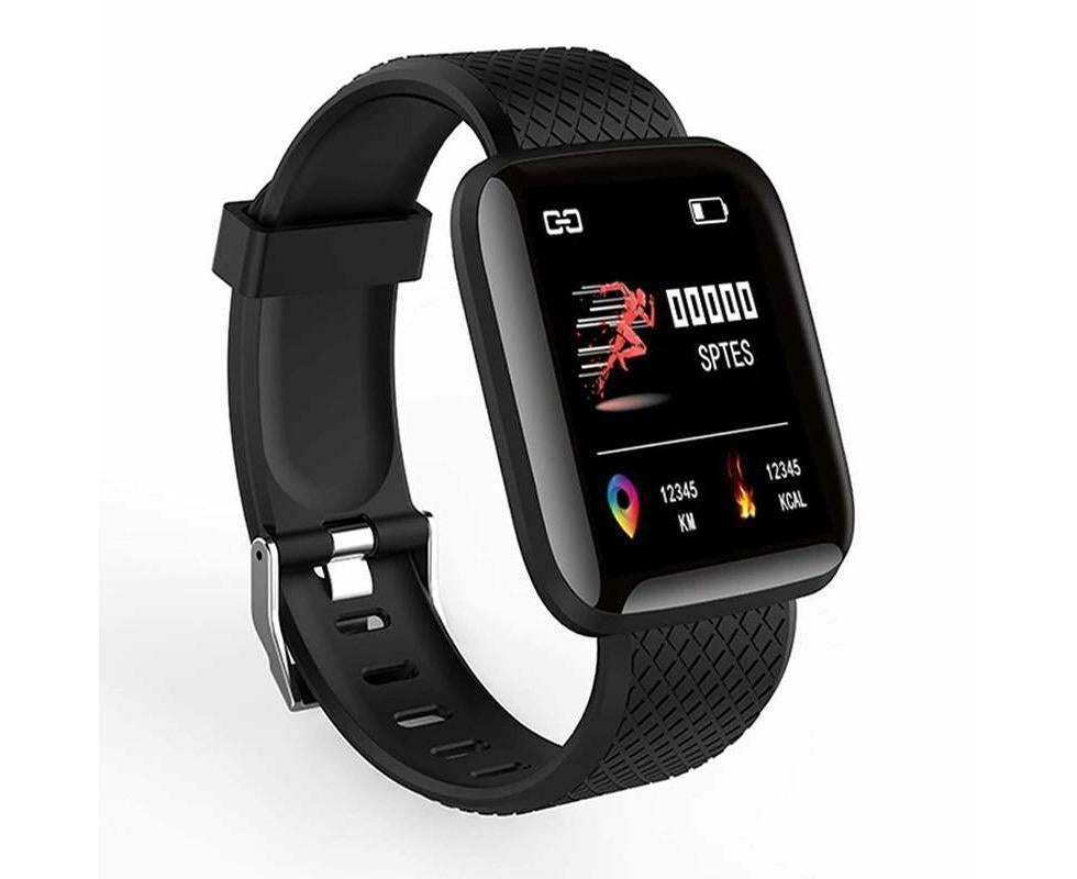Black Hlpmedical 116Plus Sports Smart Wrist Bracelet with Bluetooth, touchscreen, water resistance, and fitness tracking for Android and iOS.