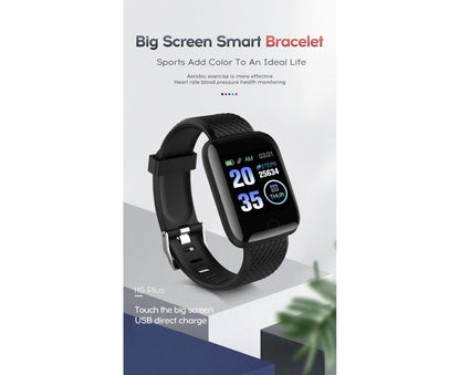 Hlpmedical 116Plus Sports smart wrist bracelet in black with water-resistant screen, fitness tracker, Android and iOS Bluetooth watch.