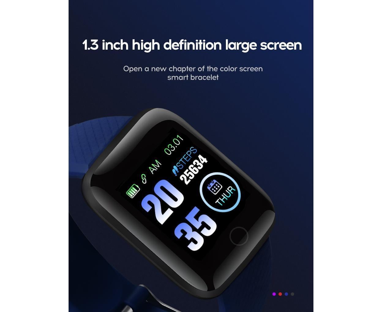 Black Hlpmedical 116Plus Sports fitness tracker smartwatch with touchscreen, Bluetooth, water-resistant design, and fitness monitoring features.