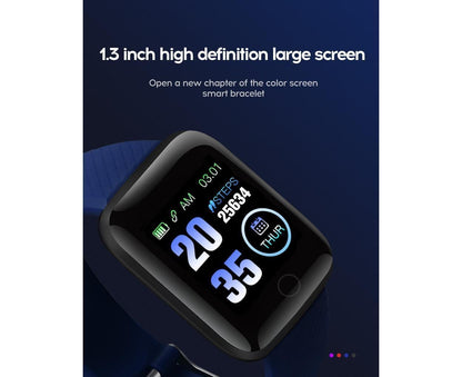 Black Hlpmedical 116Plus Sports fitness tracker smartwatch with touchscreen, Bluetooth, water-resistant design, and fitness monitoring features.