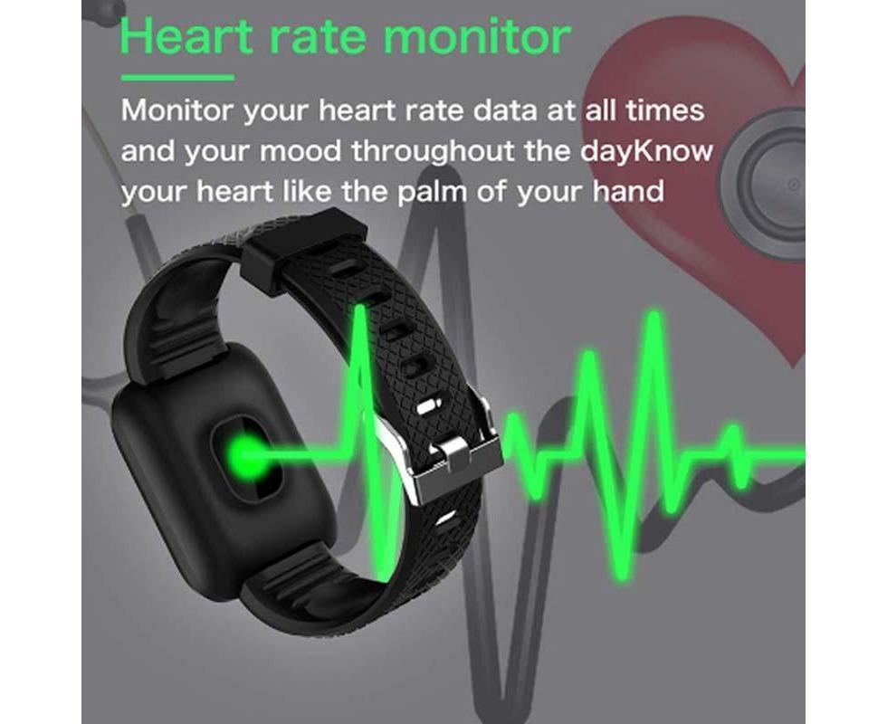Black Hlpmedical 116Plus Sports smart wrist bracelet with touchscreen, Bluetooth connectivity, water resistance, and fitness tracking features.