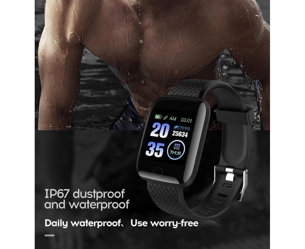 Black Hlpmedical 116Plus Sports fitness tracker smartwatch with touchscreen, Bluetooth, water resistance, and fitness monitoring features.