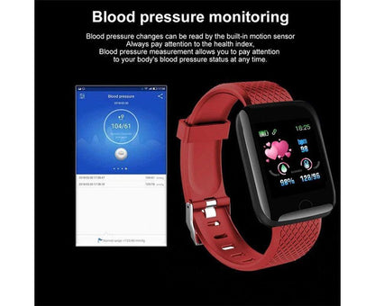 Hlpmedical 116Plus Sports fitness tracker smartwatch with touch screen, water resistance, Bluetooth, black wristband for men.