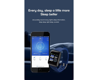 Black 116Plus Sports fitness tracker smartwatch by Hlpmedical with touchscreen, Bluetooth, water resistance, and fitness tracking features.