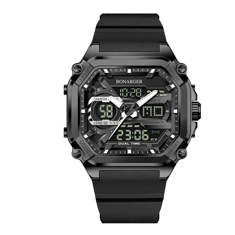 Black men's dual display watch by Hlpmedical with digital and analog dials, waterproof sports design, perfect for active wear.