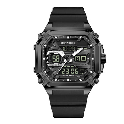 Black men's dual display watch by Hlpmedical with digital and analog dials, waterproof sports design, perfect for active wear.