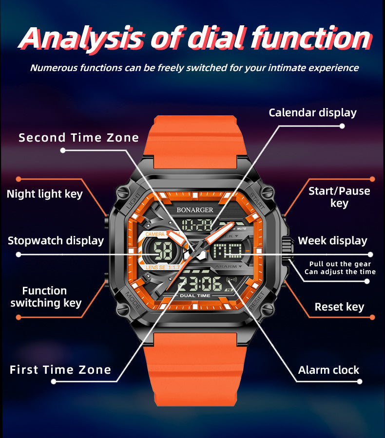 Black men's dual display watch by Hlpmedical featuring digital and analog dials, waterproof sports design.