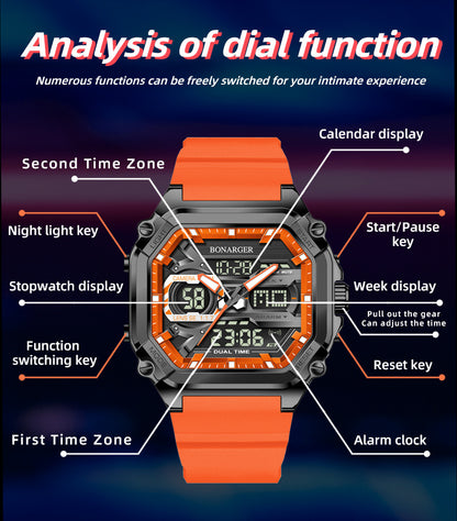 Black men's dual display watch by Hlpmedical featuring digital and analog dials, waterproof sports design.