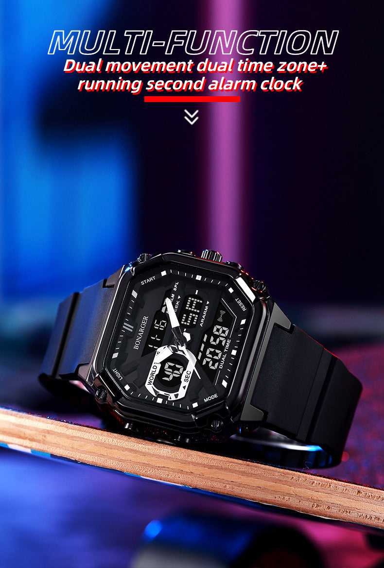 Black men's dual display sports watch by Hlpmedical showing digital and analog time, waterproof design for active wear.