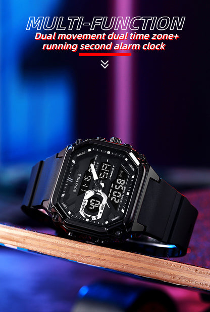 Black men's dual display sports watch by Hlpmedical showing digital and analog time, waterproof design for active wear.